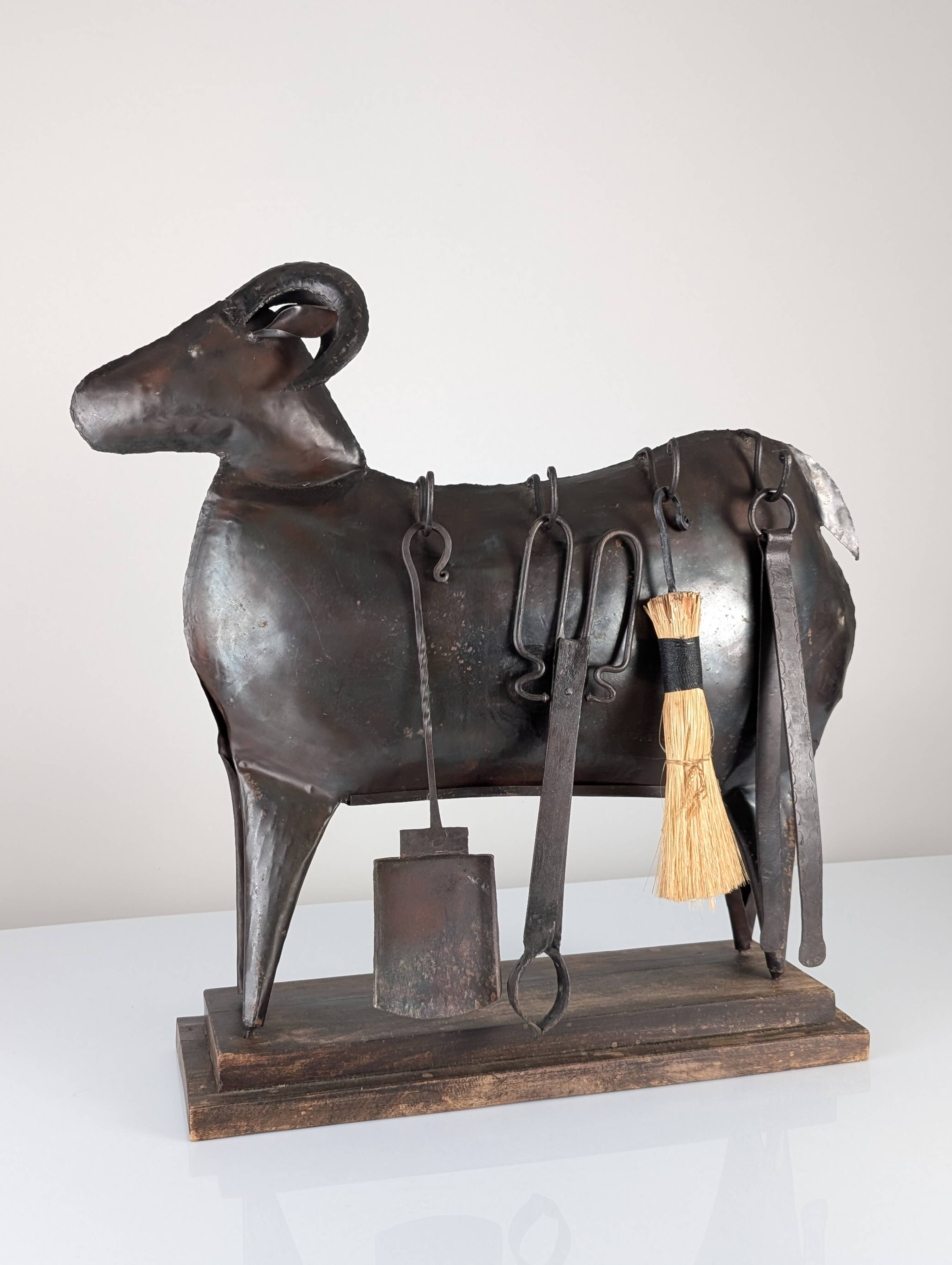 Brutalist Ram Shaped Fireplace Tool Set in Hand Forged Metal