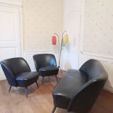 Living room sofa 2 black leather armchairs