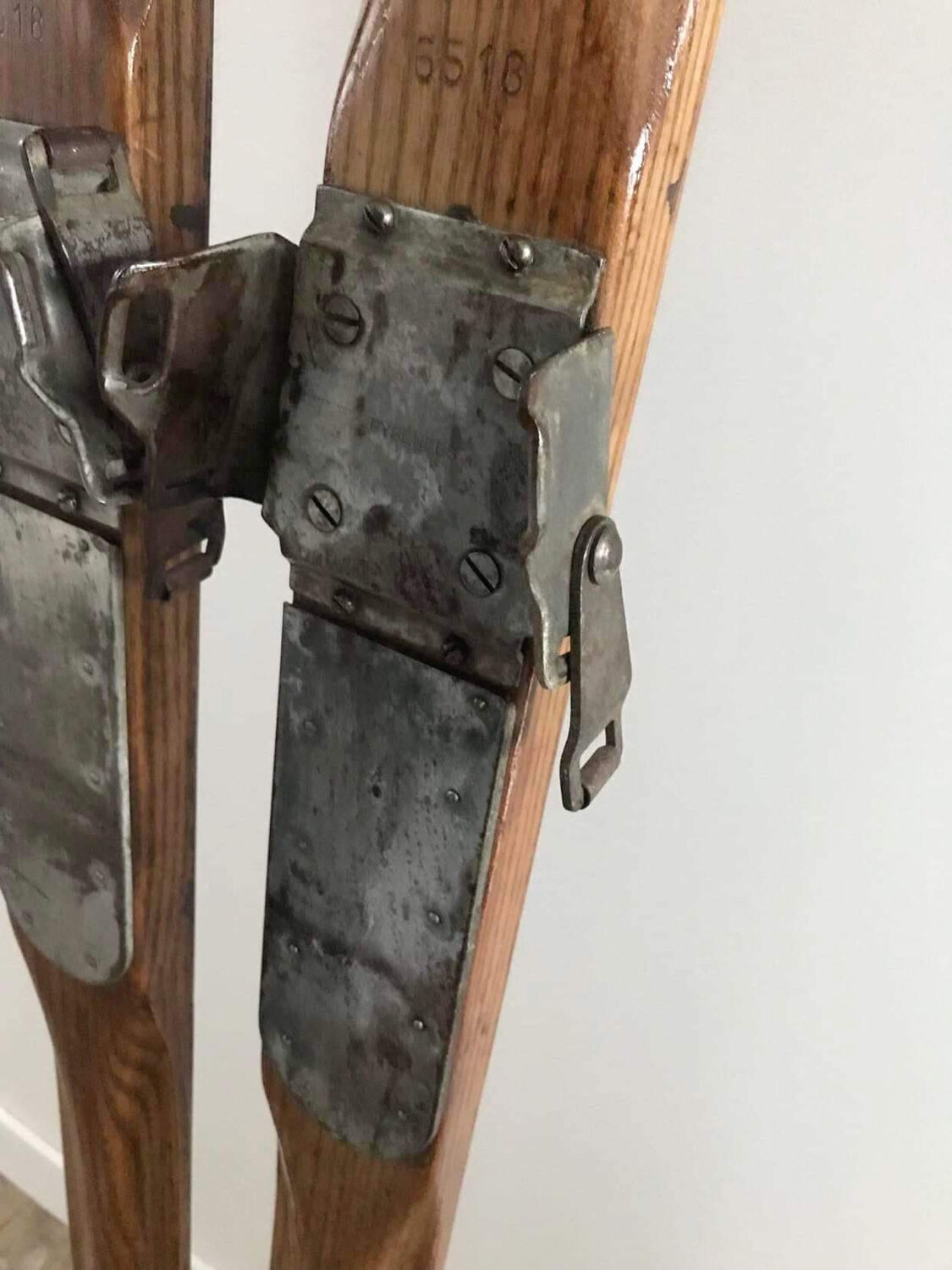 Pair of vintage Telemarking wooden skis, retro decoration