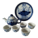 Small blue and white sake set – teapot, 5 cups and tray.