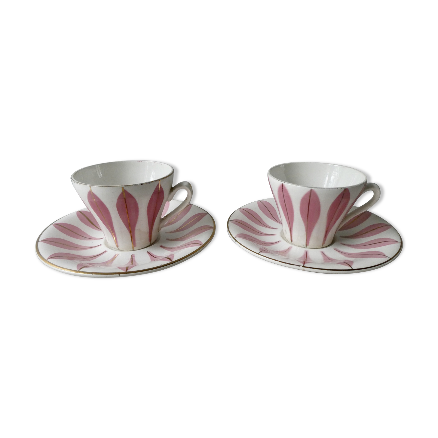 2 coffee set, Digoin, pink leaf décor, 60s