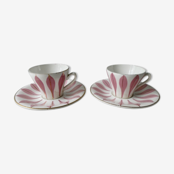 Set de 2 tasses à café, Digoin, décor feuilles rose, années 60