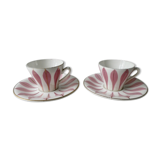 2 coffee set, Digoin, pink leaf décor, 60s