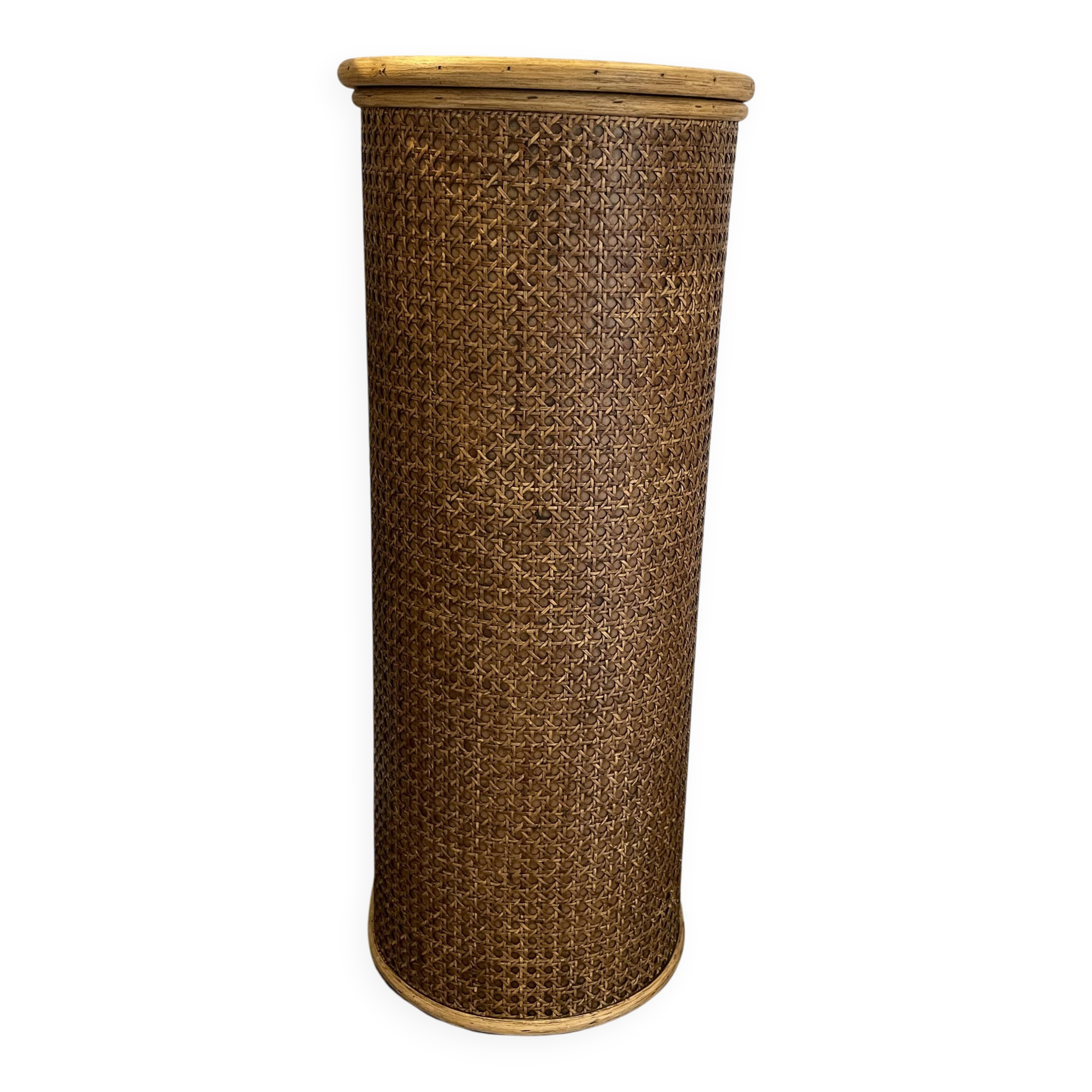 Wooden and cane storage basket with lid