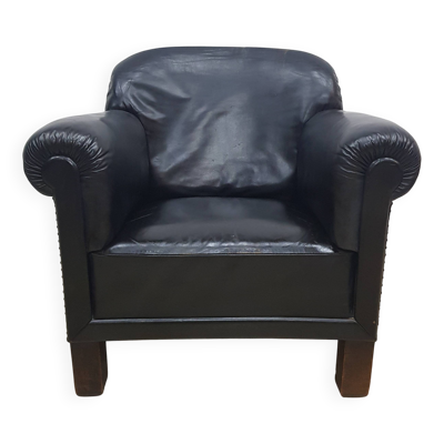 Fauteuil club vintage avec clous, en cuir, Art Déco, années 1930/40.