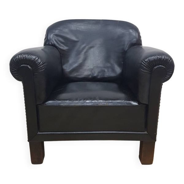 Fauteuil club vintage avec clous, en cuir, Art Déco, années 1930/40.