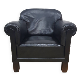 Vintage club armchair with studs, leather, Art Deco, 1930s/40s.