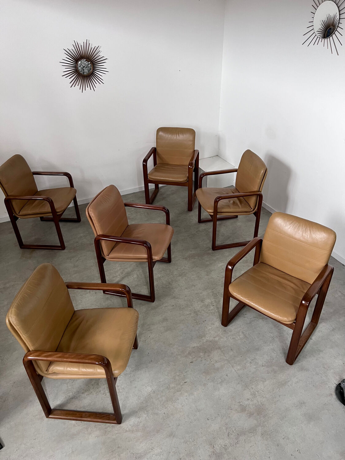 Lot 6 chairs armrests vintage 70s Scandinavian design leather and wood