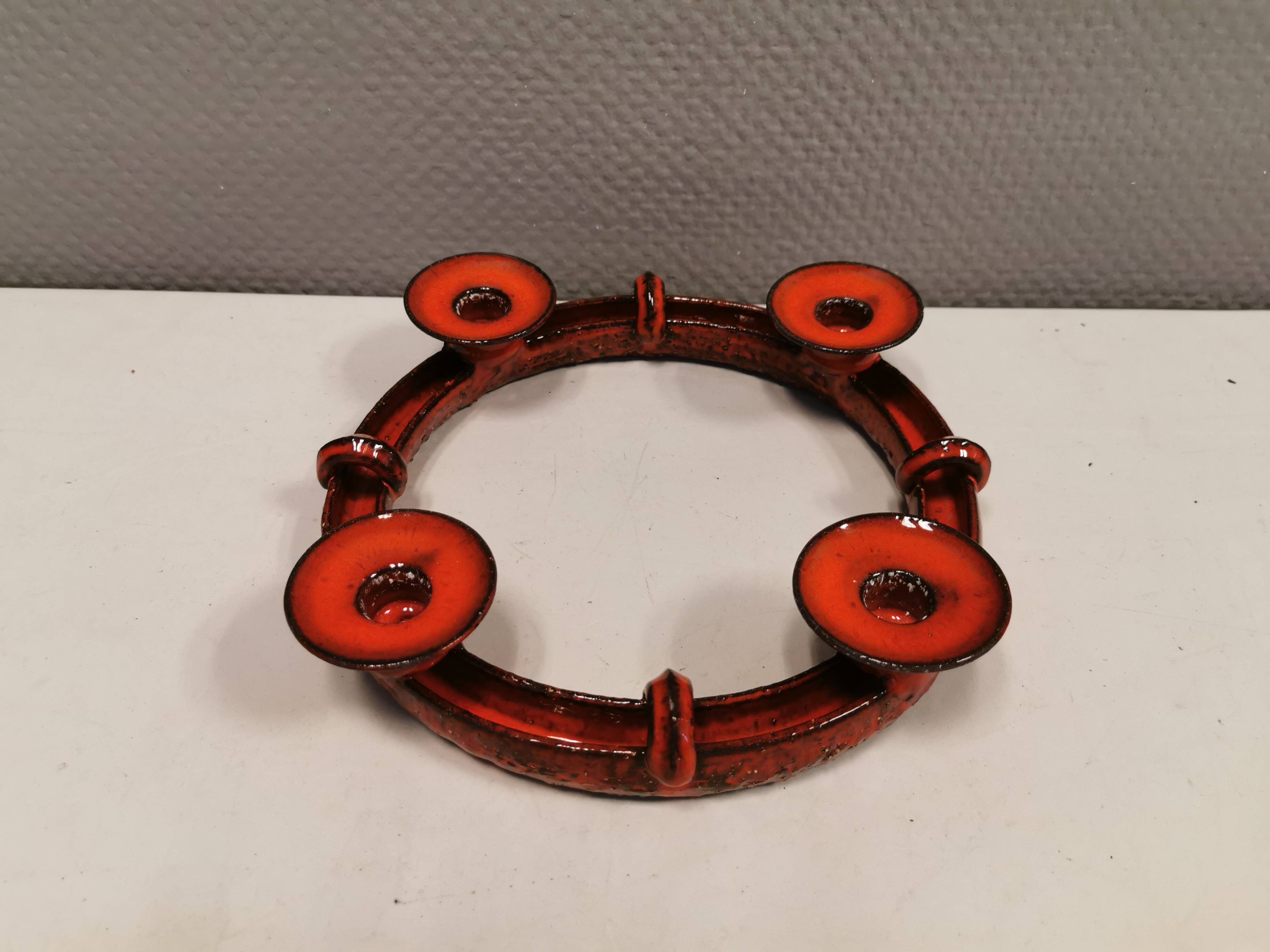 Candle holder in red ceramic, Danish from the 70s, perfect as an Advent candle holder for Christmas