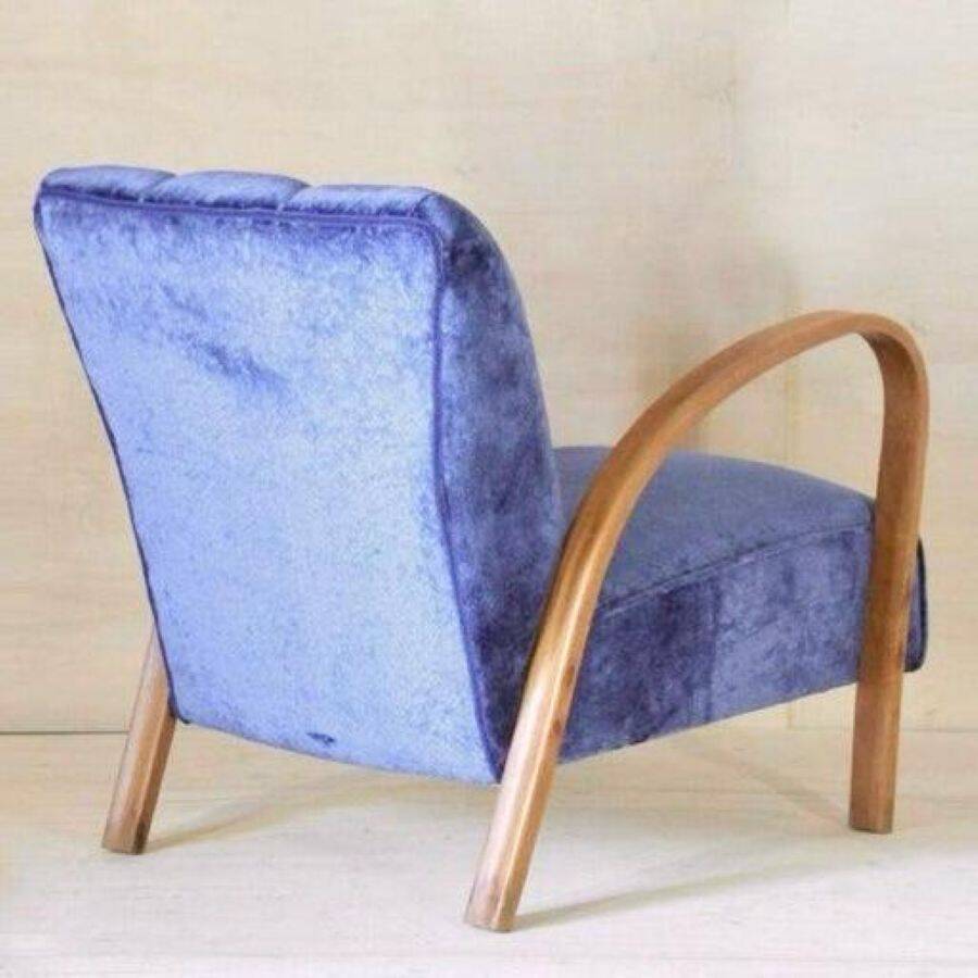 1920 Art Deco Blue Velvet Armchair, Solid Beech Wood, France