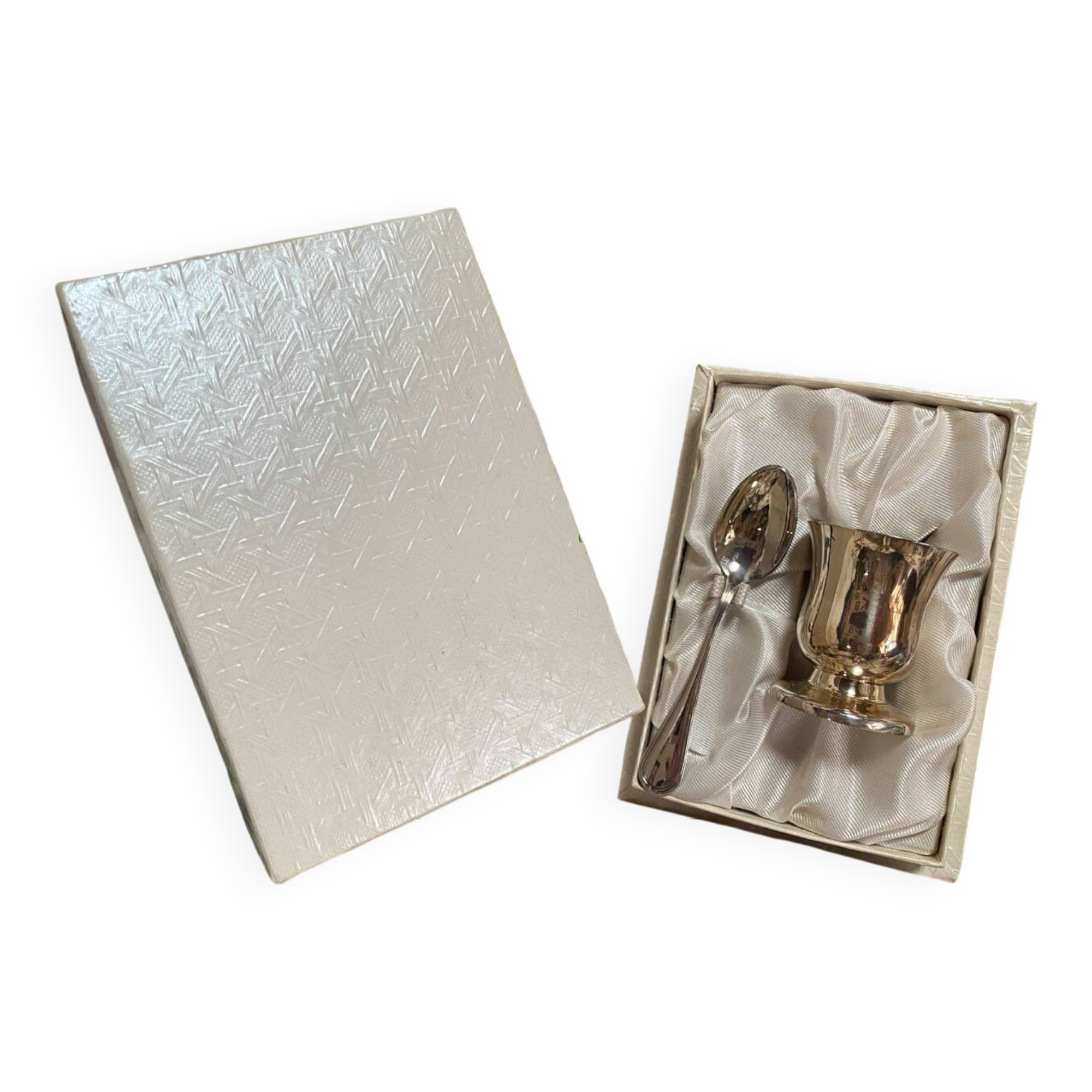 Silver-plated egg cup and spoon set