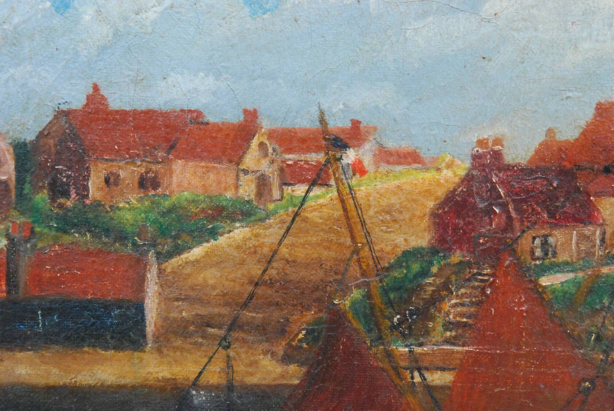 Old painting seaside view boats and fishermen
