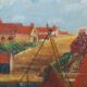 Old painting seaside view boats and fishermen