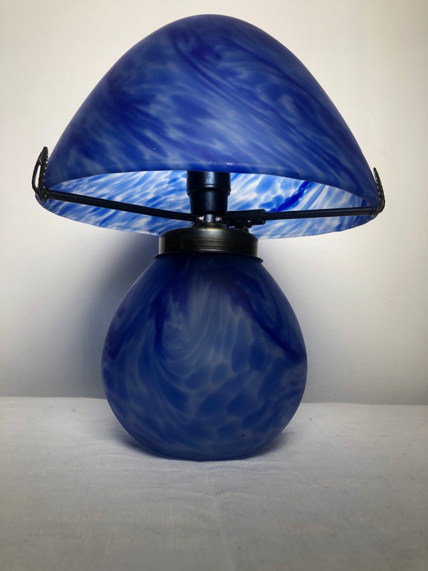 Lamp mushroom in Marmorean blue glass paste and brushed metal,Vincent Cadeau. Good condition.