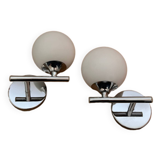 Pair of metal and opaline wall lights