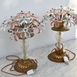 Set of 2 large table lamps with crystal glass flowers, pink and transparent, brass base, 1960