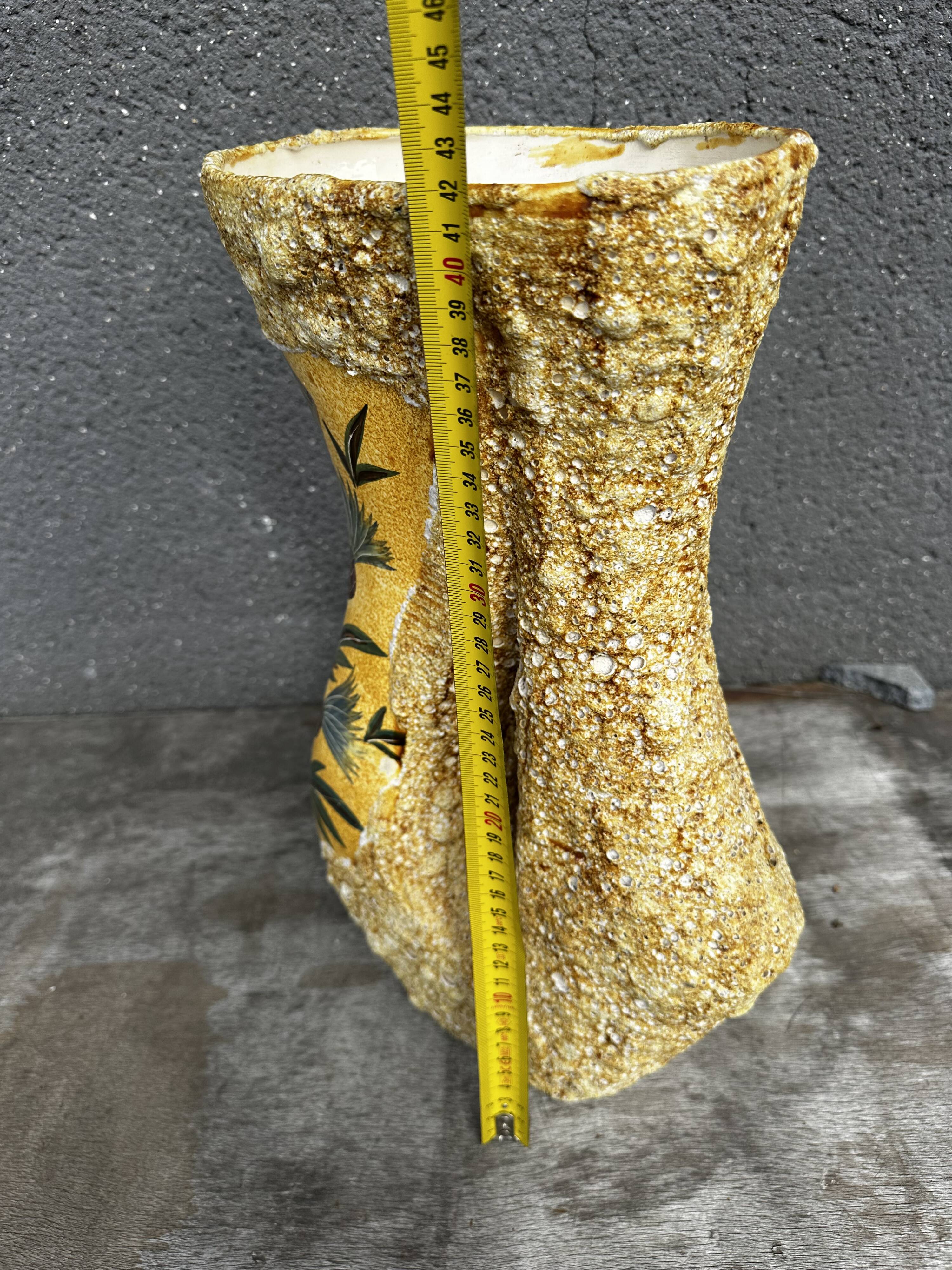 Large Glazed Ceramic Vase with Floral and Fat Lava Decor - Vallauris
