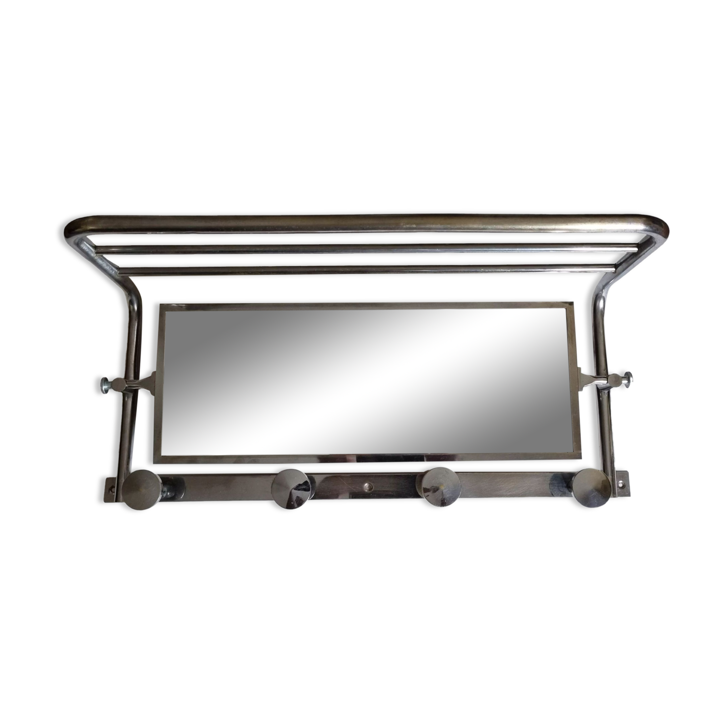 Portemanteau mural en métal chromé, miroir orientable, 4 patères et un porte chapeau, années 50