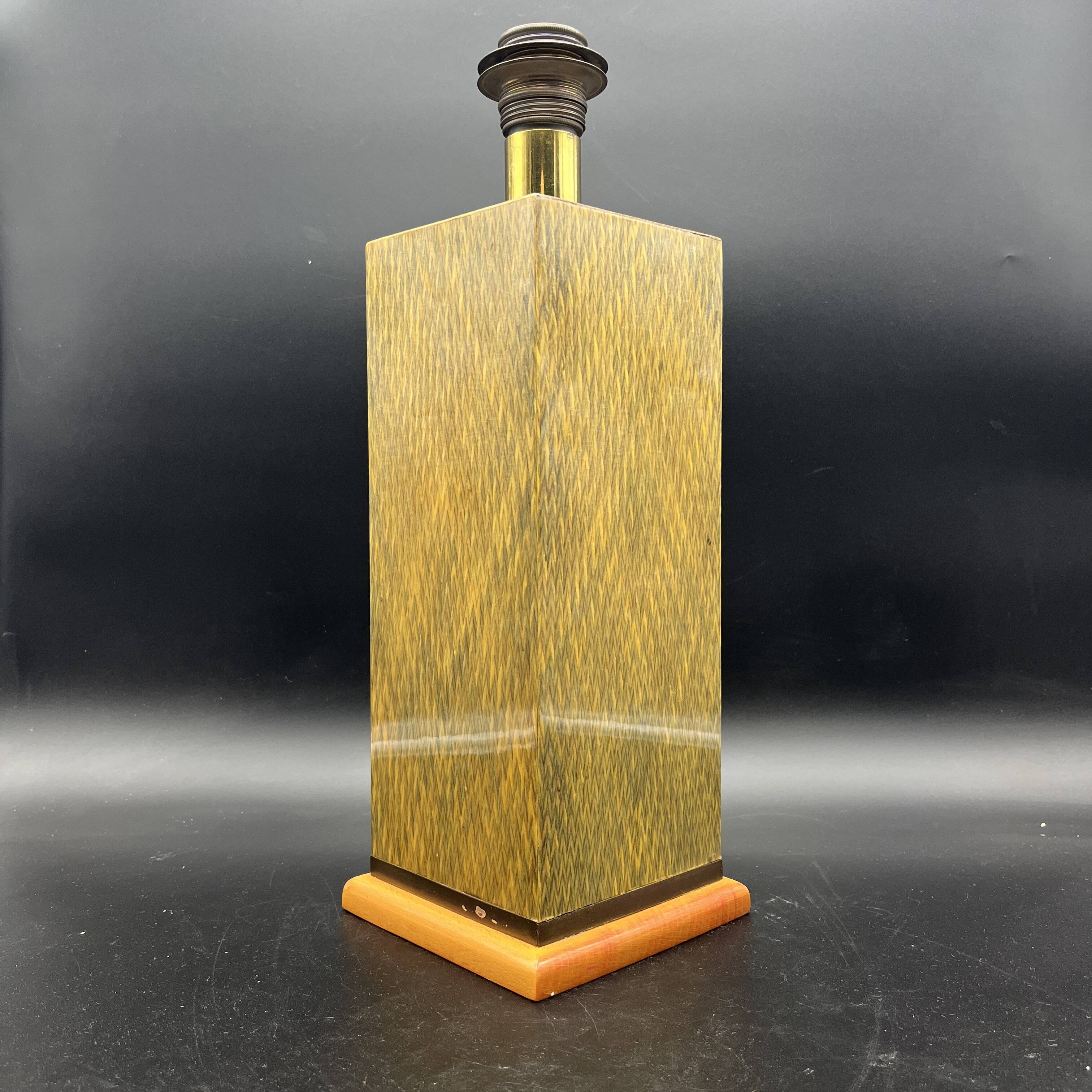 Lamp base in varnished marquetry and gilded brass Jean Claude Mahey