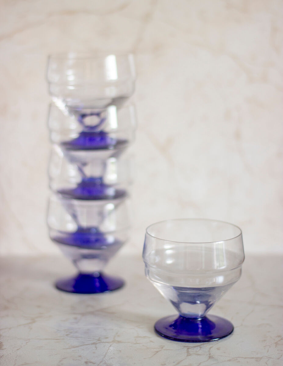 5 verres pied bleu style art déco