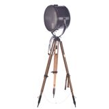 Old industrial spot on wooden tripod | vintage spot on 3 leg | tripod floor lamp