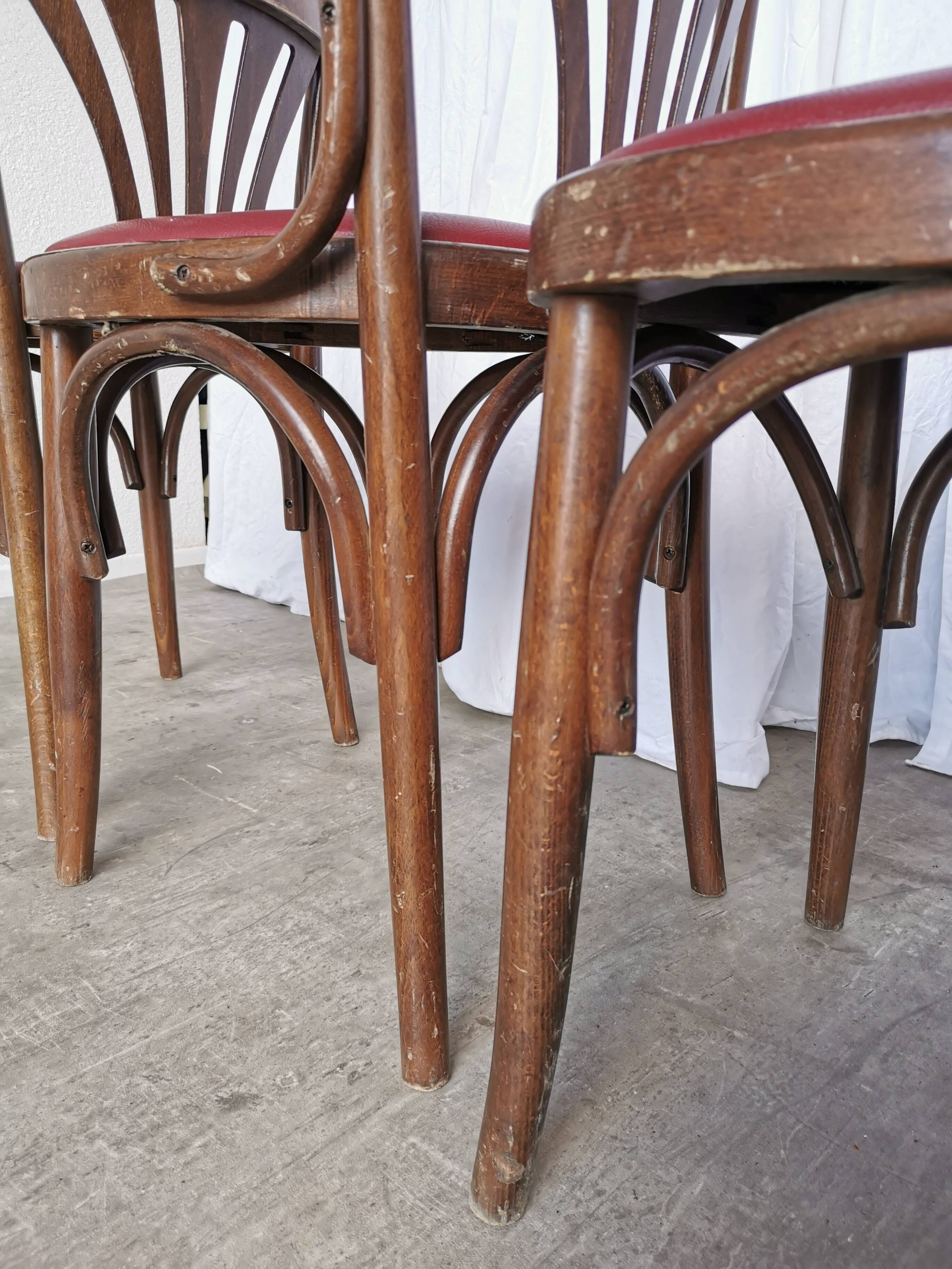 Vintage Bentwood Dining Chairs - Thonet Style - Red Faux Leather - Set of 4
