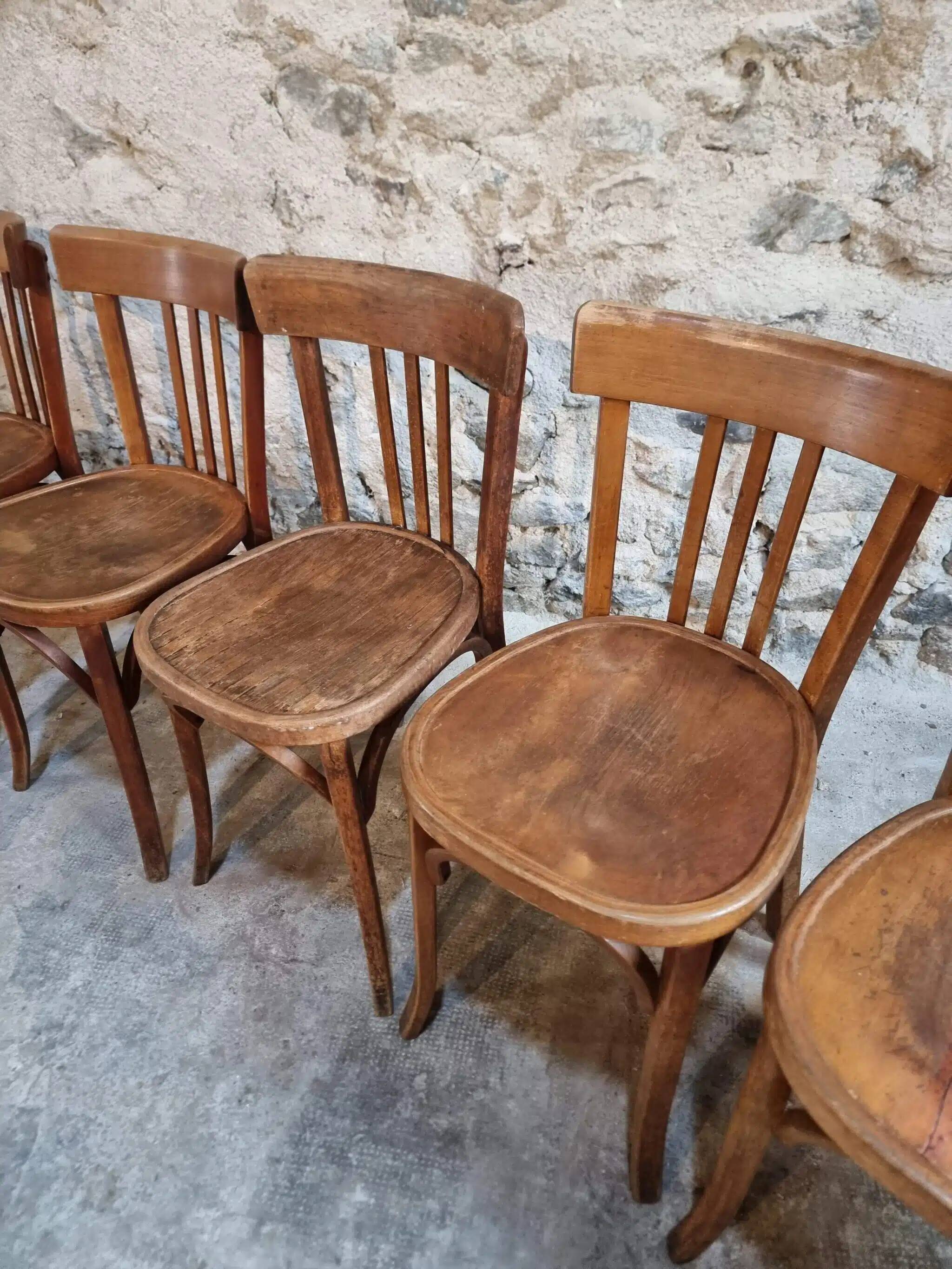 Lot de 6 chaises bistrot françaises vintage Baumann – Assise en hêtre massif, années 1930 – Design français classique
