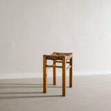Vintage French Mid Century Wooden Four Legged Rattan Straw Stool, 1960s