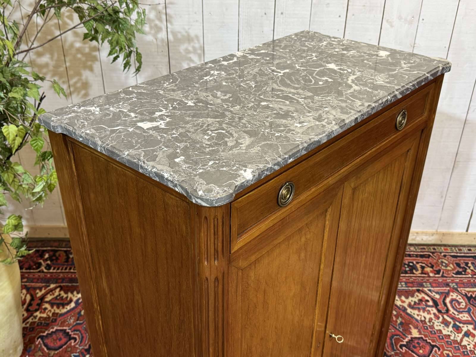 Small Louis XVI style cabinet in mahogany, oak, and marble top.