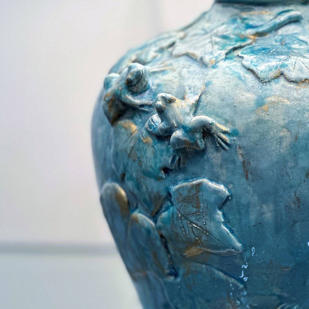 Handmade French ceramic lamp with ivy & frogs in turquoise glaze with gold accents