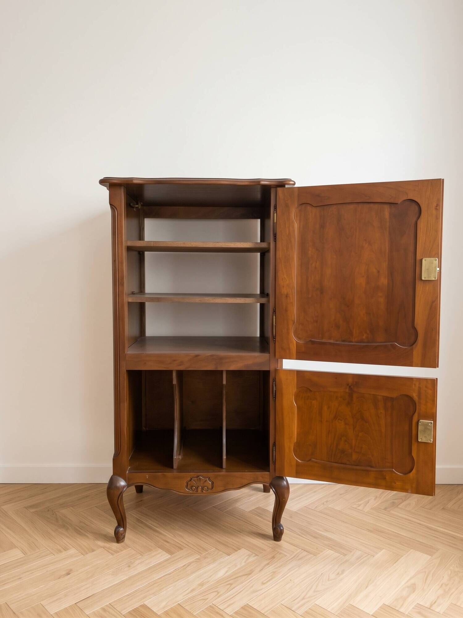Vintage Louis XV style Hi-Fi furniture in stained walnut wood.