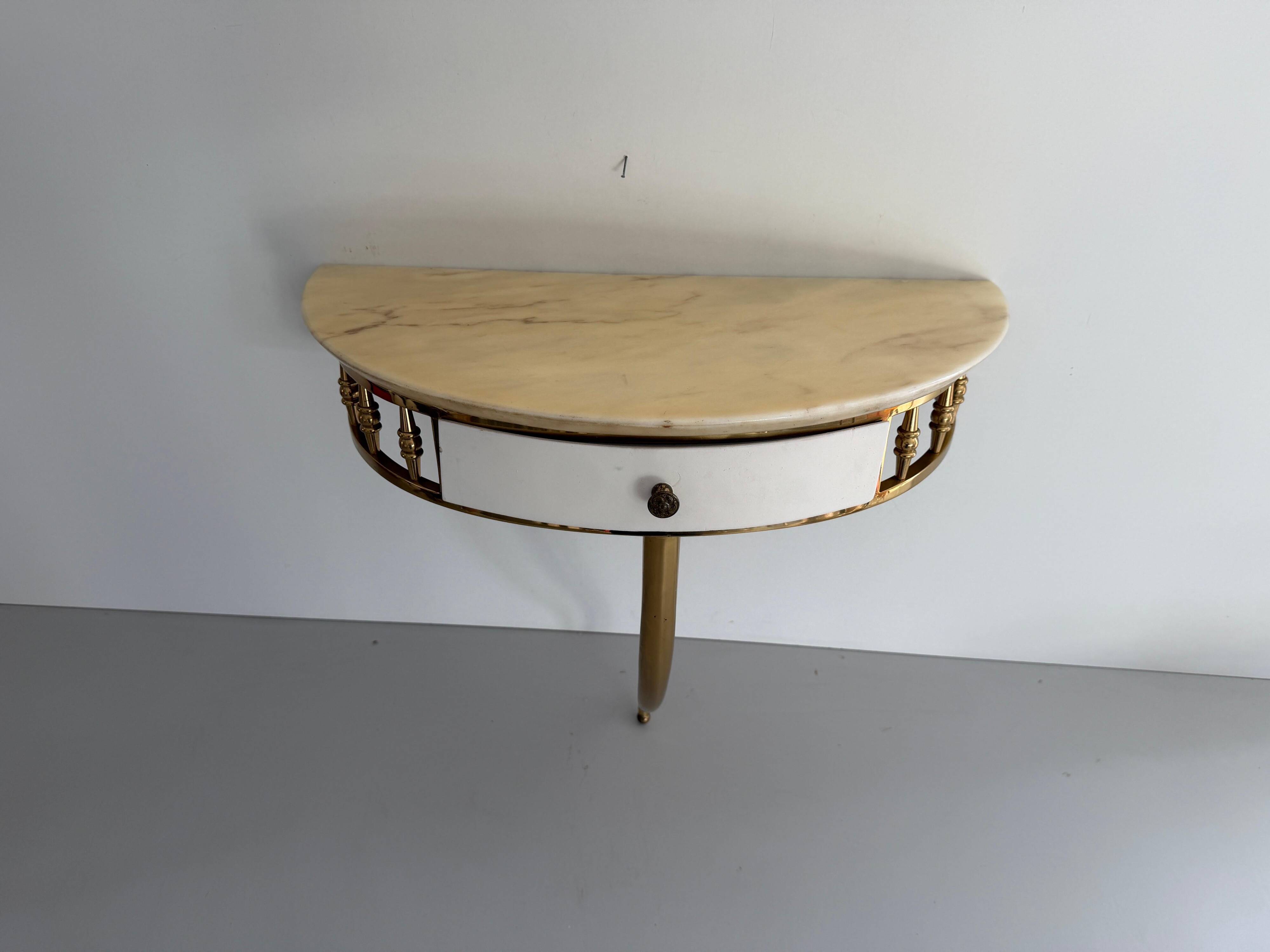 Floating wall console with drawer, brass body and marble top, 1960s, Italy