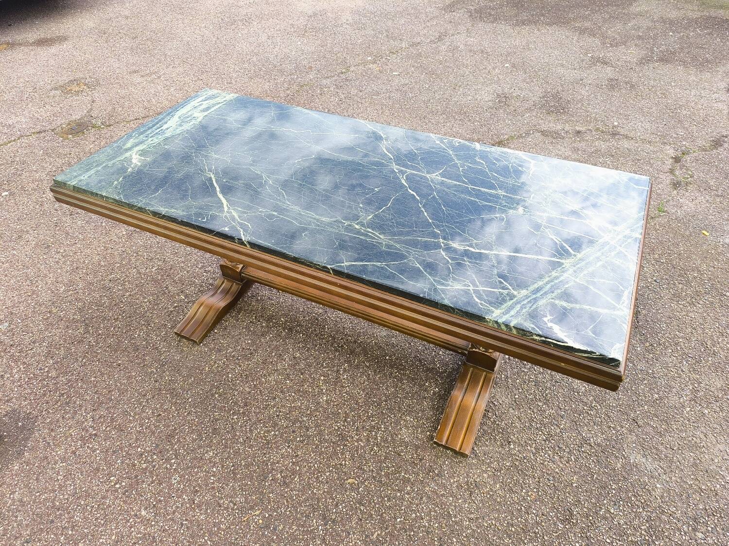 Wood and green marble coffee table