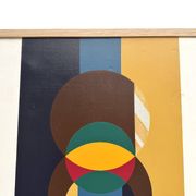 Composition aux cercles et bandes verticales, huile sur toile