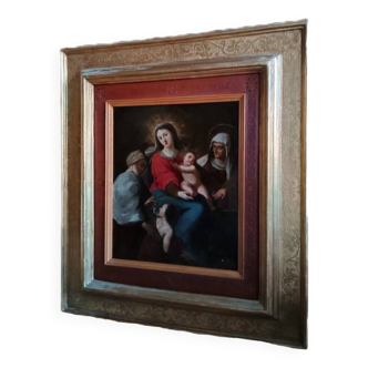 Exceptionnelle peinture sur cuivre - vierge à l'enfant et saint jean - cadre ancien -