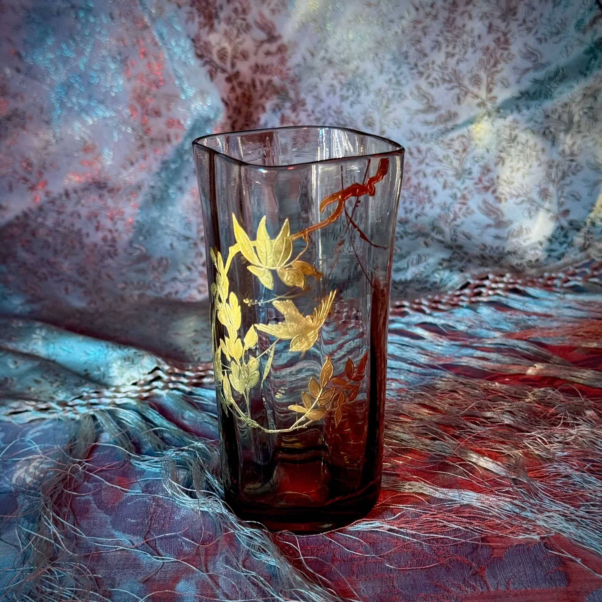 Crystal Vase | Gilded Branch and Bird Decor | Late 19th Century