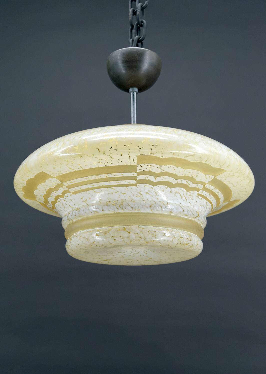 Modernist Art Deco pendant light in acid-etched “cloud” glass, France, Circa 1930