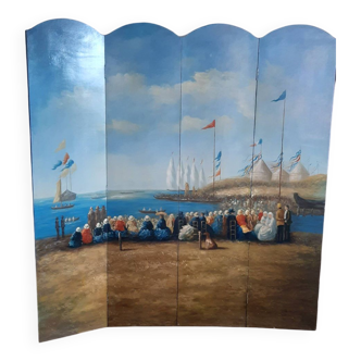 Paraveent vintage peinture sur bois scène de la plage 1900