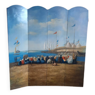 Vintage screen painting on wood beach scene 1900