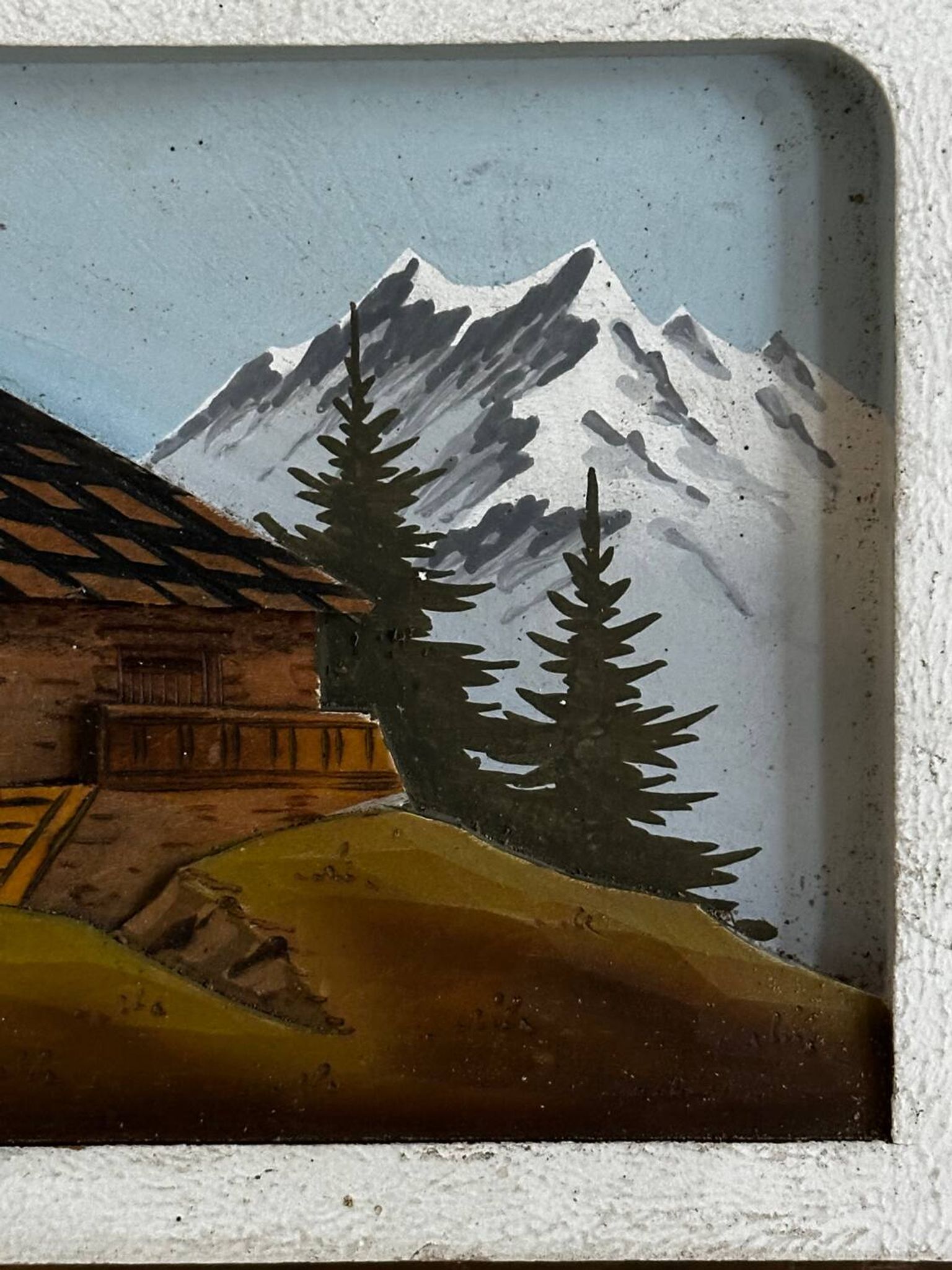Tableau alpin vintage en bois sculpté et peint - signé