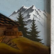 Tableau alpin vintage en bois sculpté et peint - signé