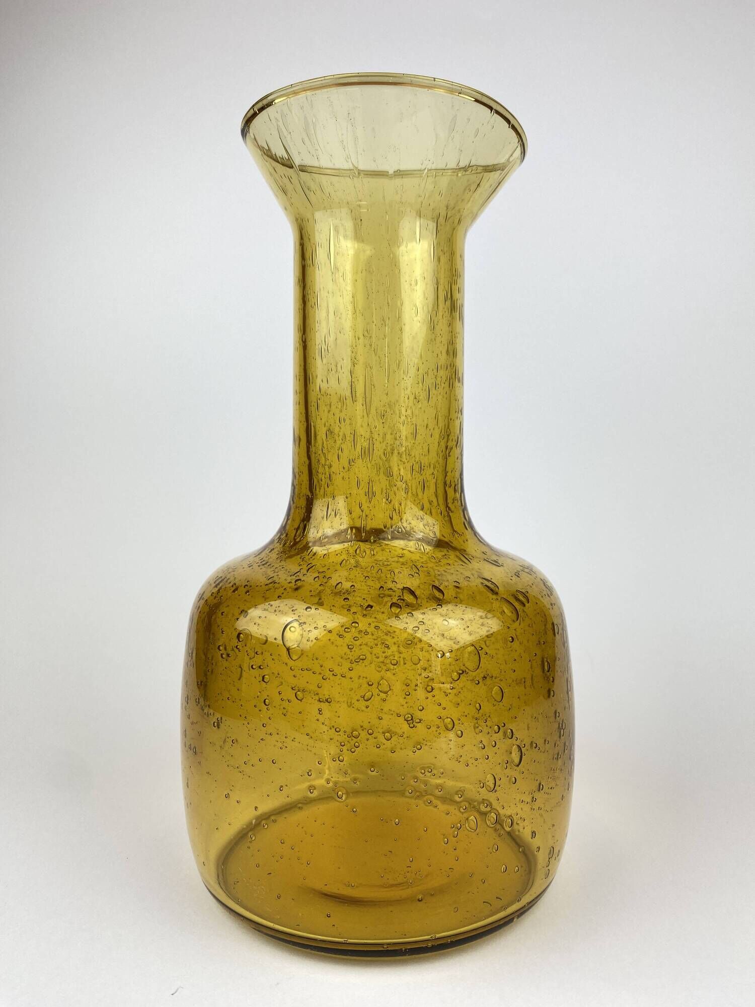 Ancien Vase Carafe Verre Soufflé Bullé Ambré Jaune
