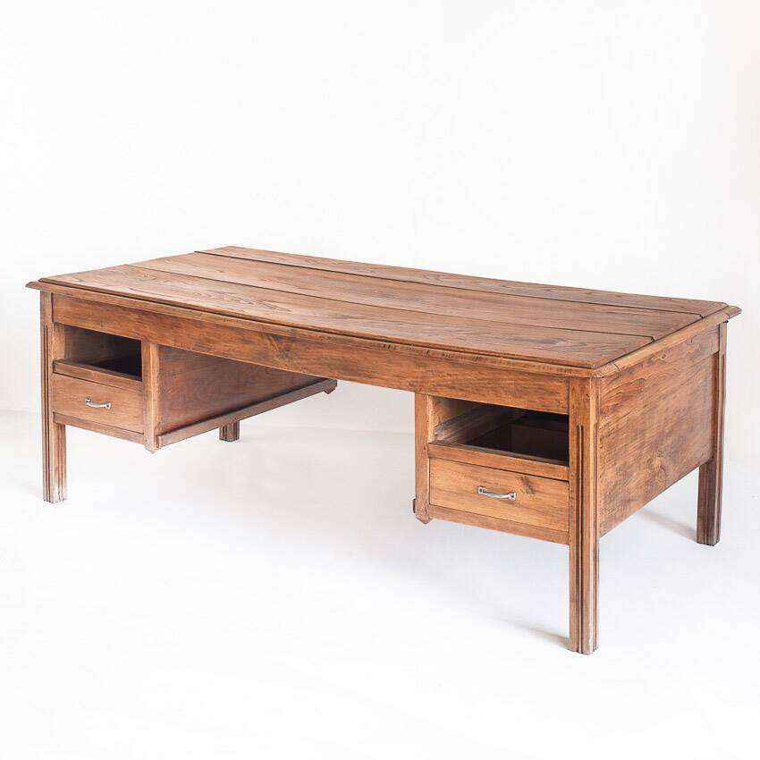 Large vintage two-seater desk. Solid chestnut wood. Restored. France, 1940s