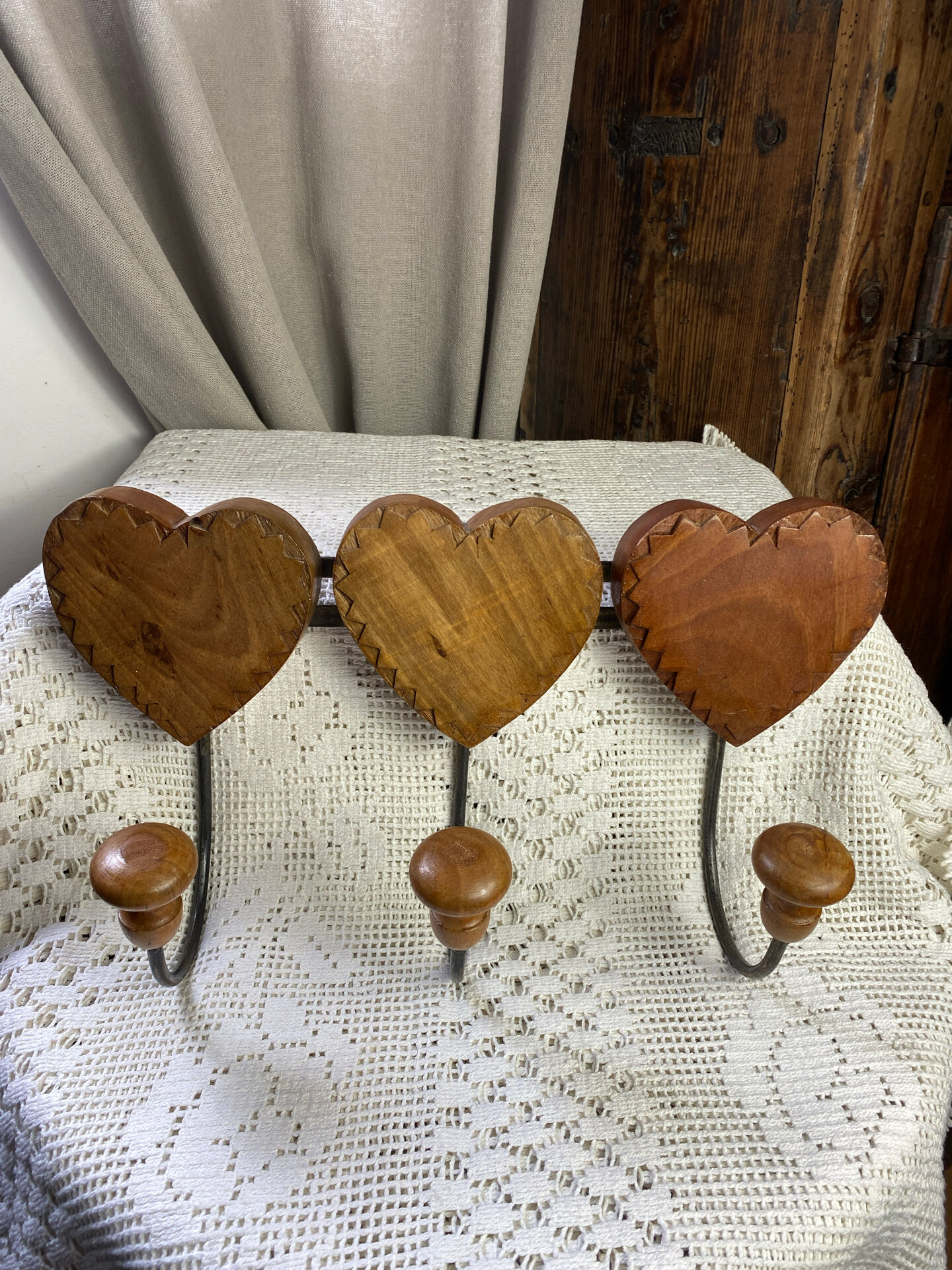 Wall-mounted coat rack, wooden hearts