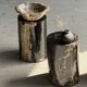 Small side table in black petrified wood with stripes and beige sides H28 D18.