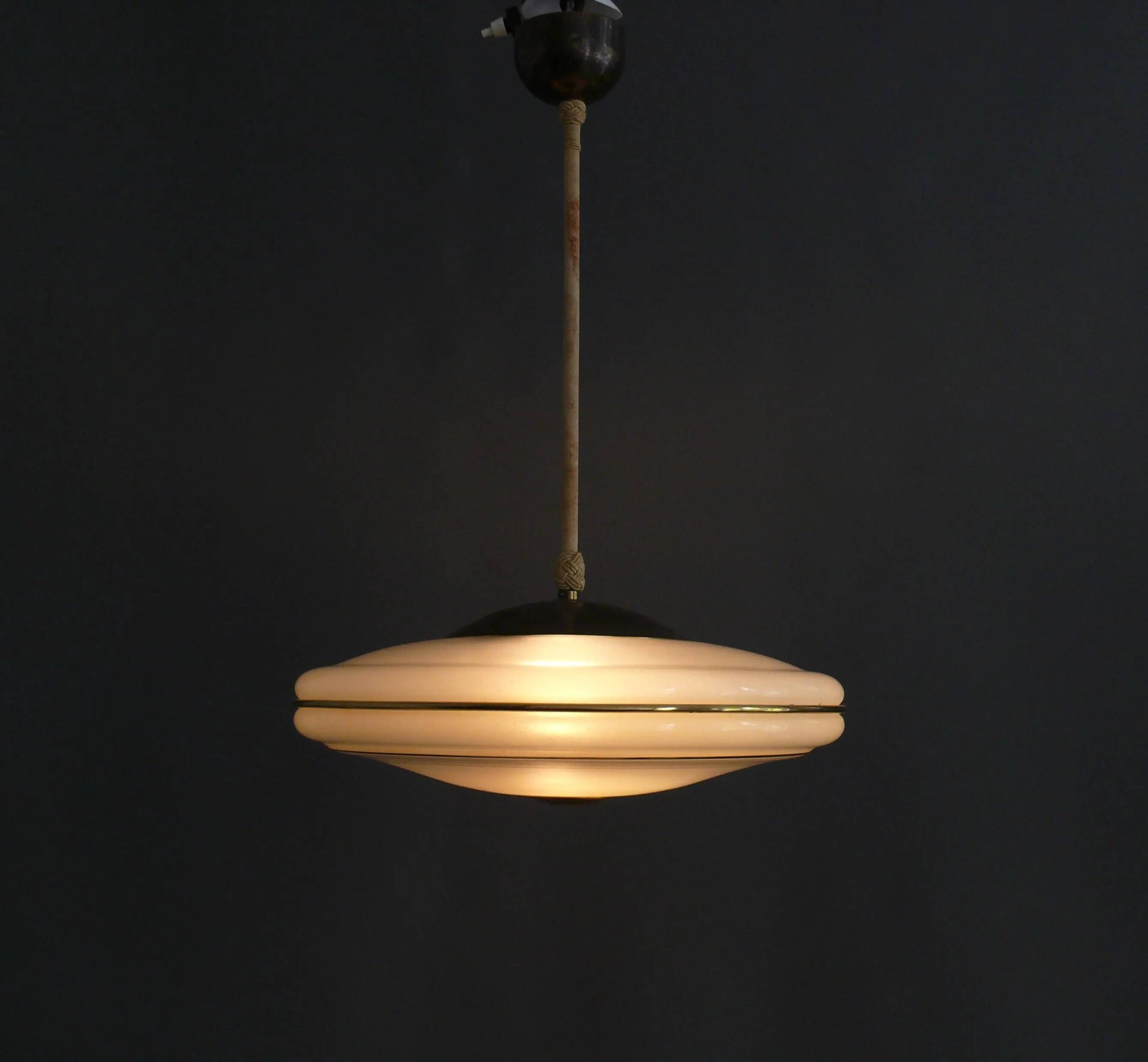 Beige Art Deco Pendant Light with Golden Radial Stripes and Brass Profile, 1930-1940
