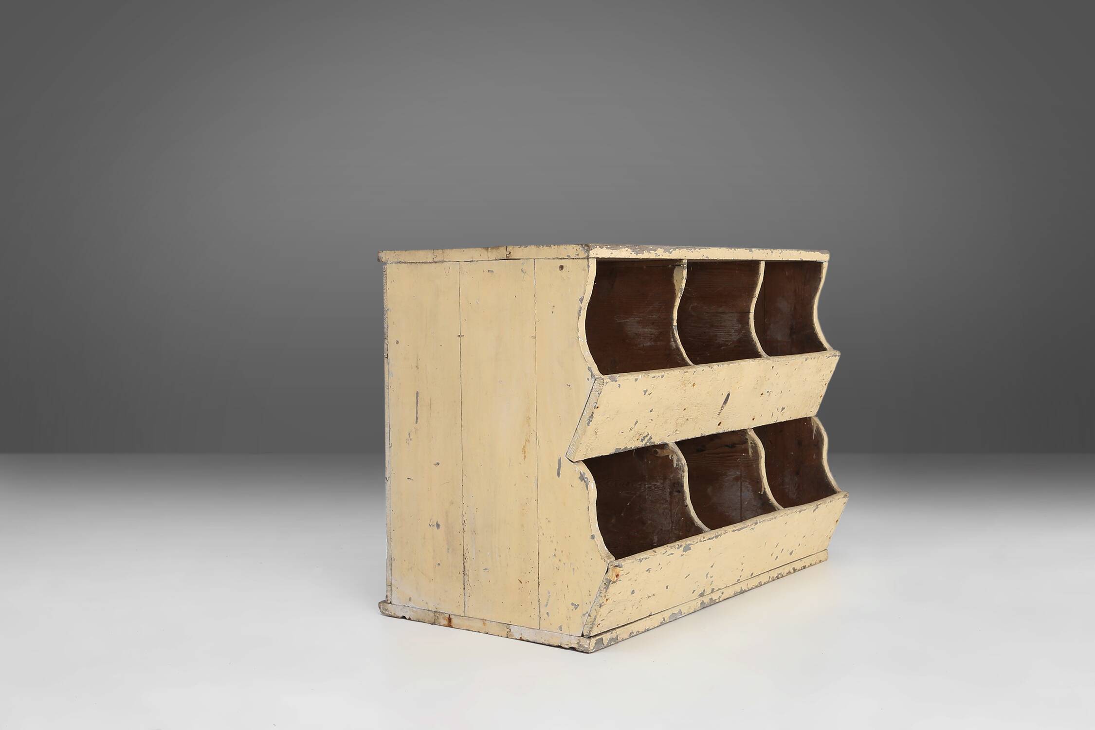 Unique industrial lacquered compartment cabinet with rich patina, France, 1890