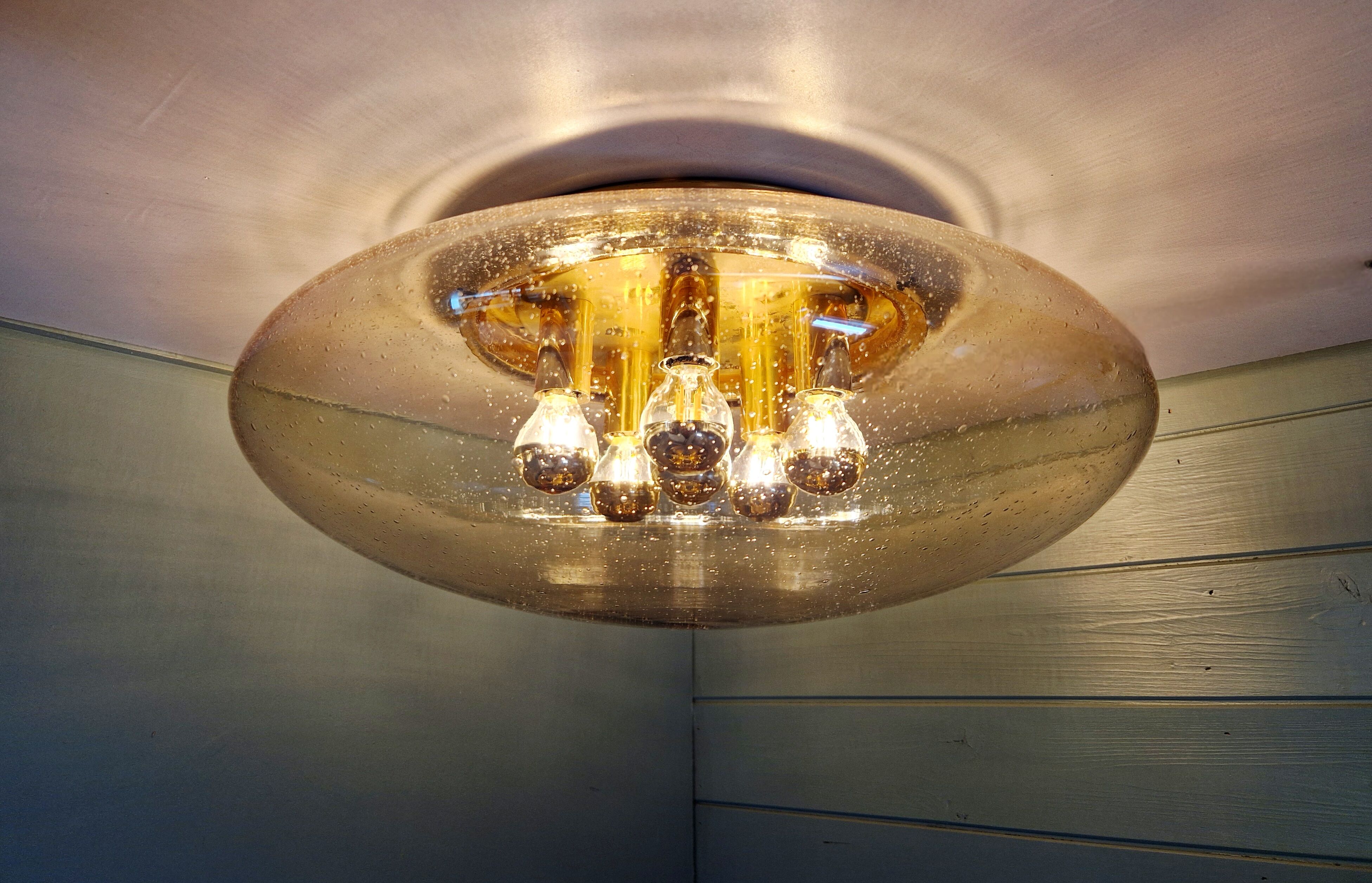 Large ceiling light in brass and blown bubble glass, Glasshütte Limburg, 1970.