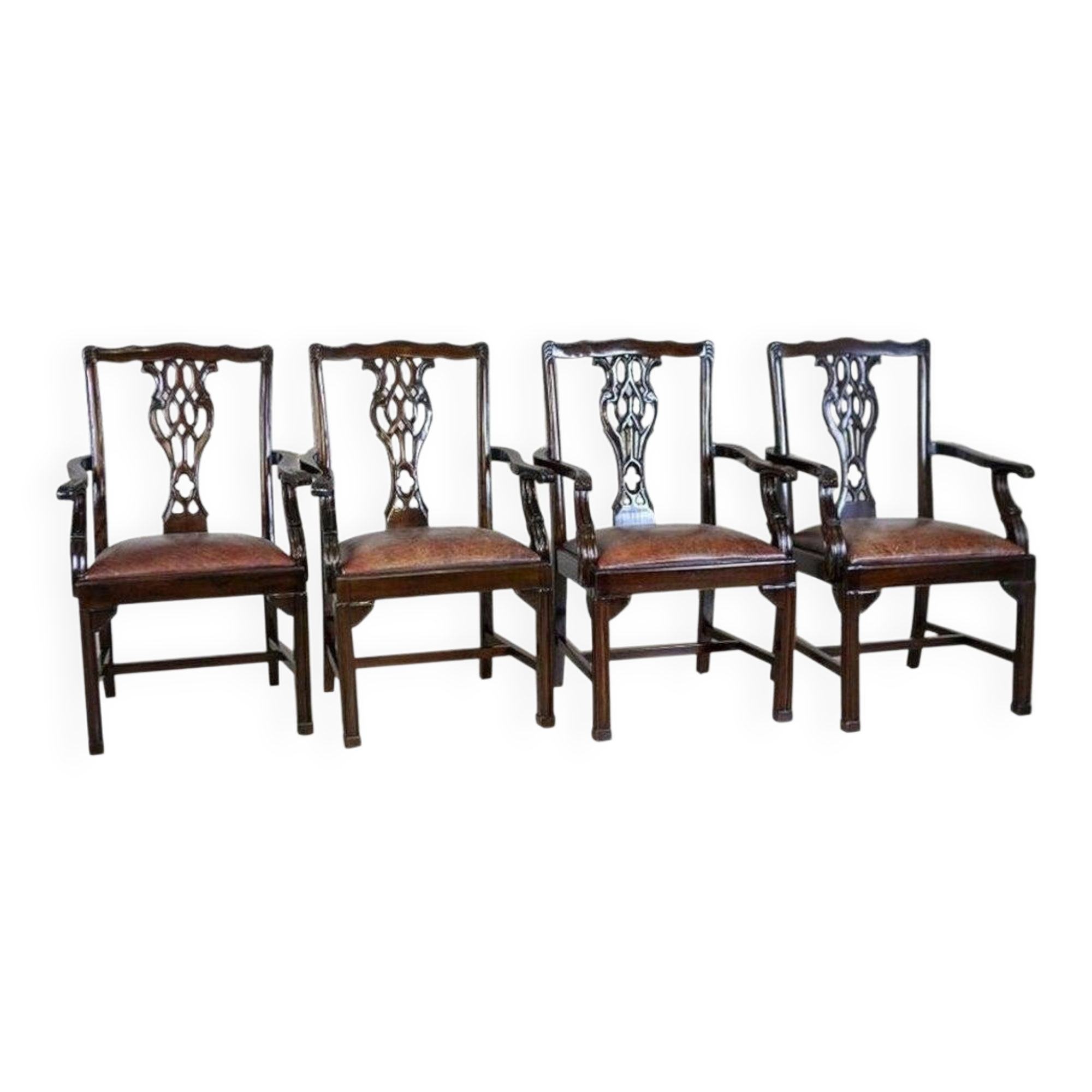 Late-19th Century English Walnut Chairs with Leather Upholstery, 1920s, Set of 4
