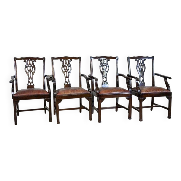 Fauteuils en noyer anglais de la fin du 19e siècle avec rembourrage en cuir, années 1920, ensemble de 4